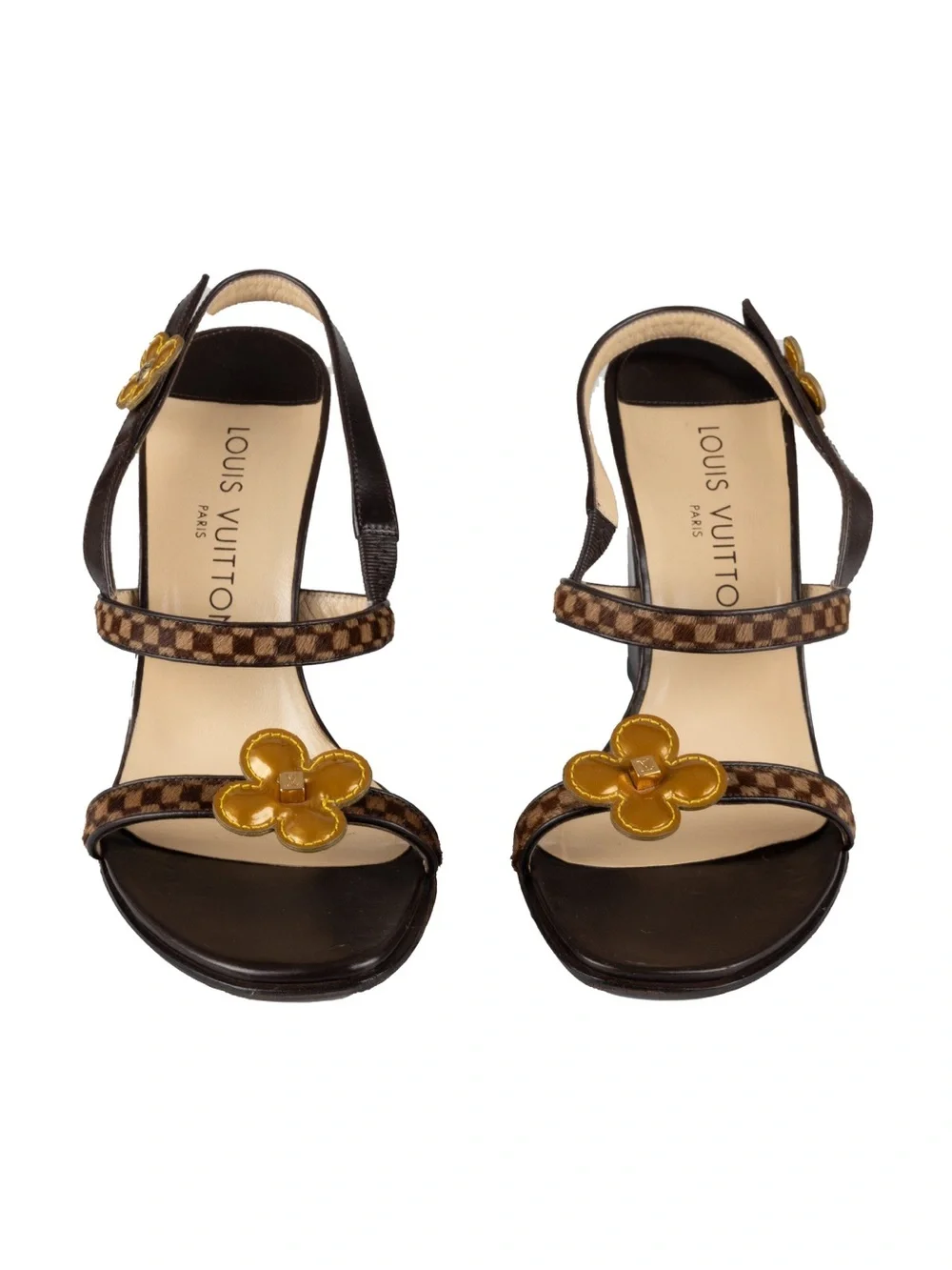 Louis Vuitton Brown Damier Calf Hair Leather Floral Embellished Slingback Heels